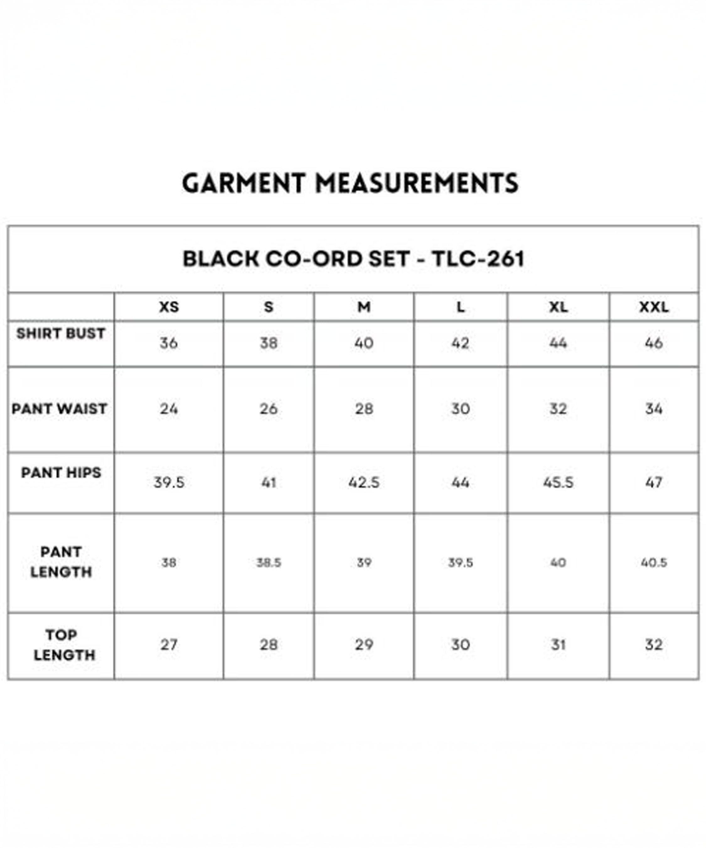 Size chart for the Black Co-Ord Set in soft cotton lycra, with measurements for shirt, pants, and top available in sizes XS to XXL.