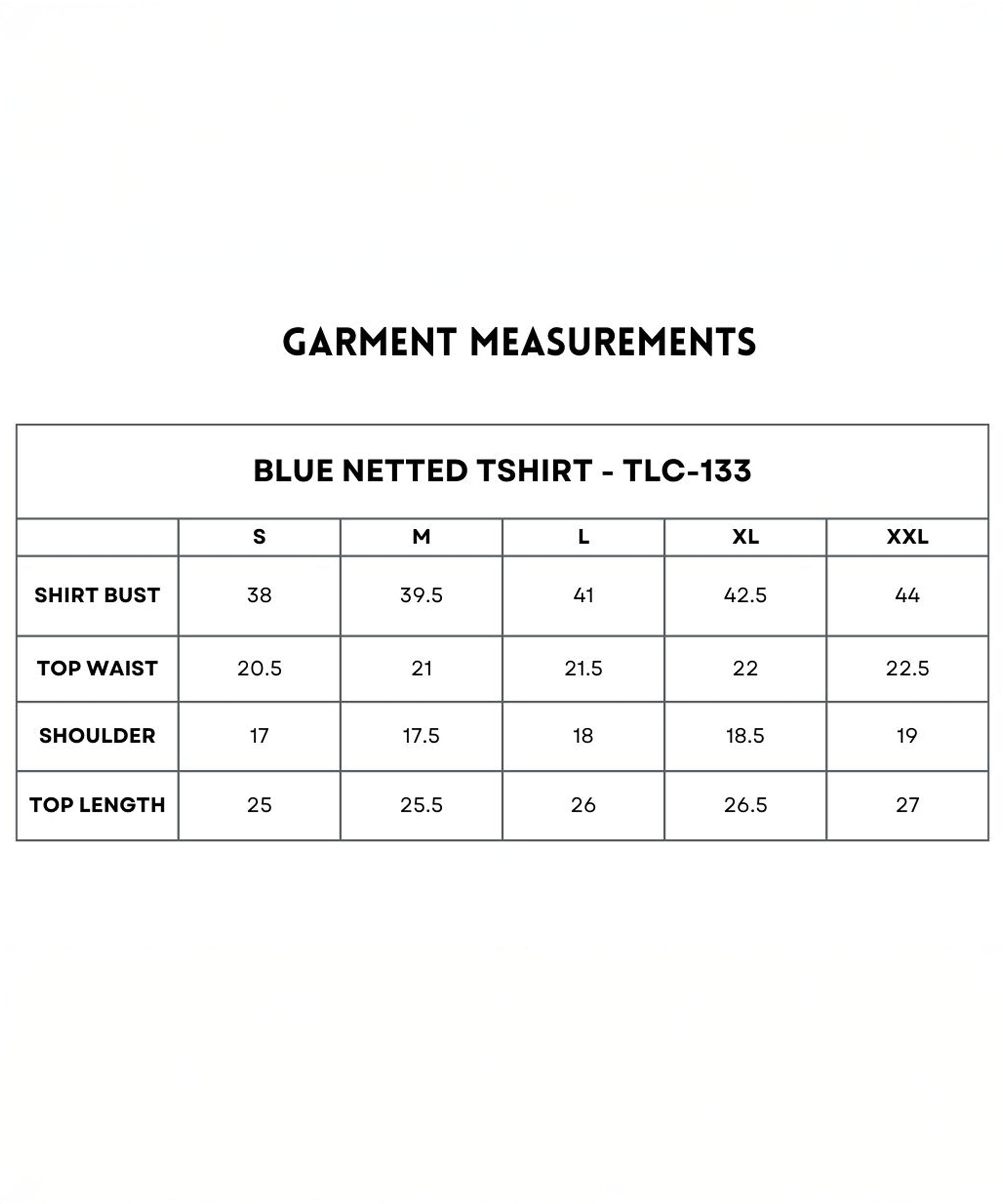 Blue Comfort T-Shirt size chart: quick-drying, active lifestyle design. S–XXL measurements include bust, waist, shoulder, and length.