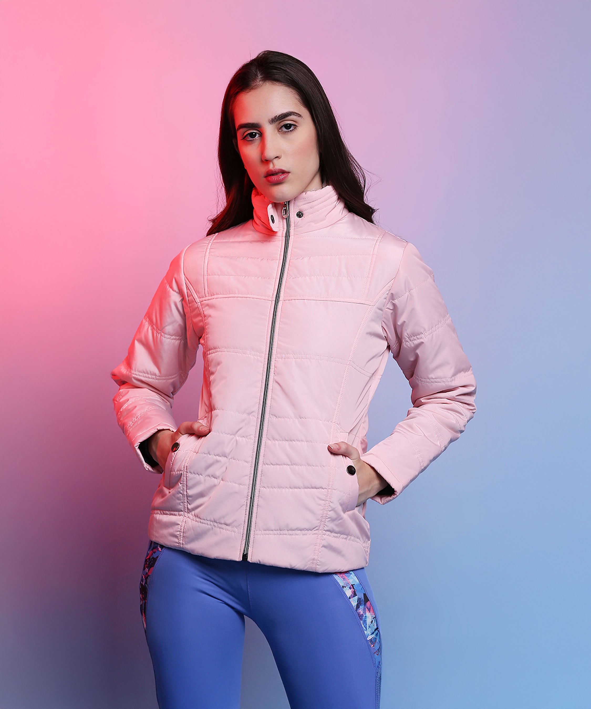Baby Pink Mid Length Puffer Women’s Jacket With High Fur Collar