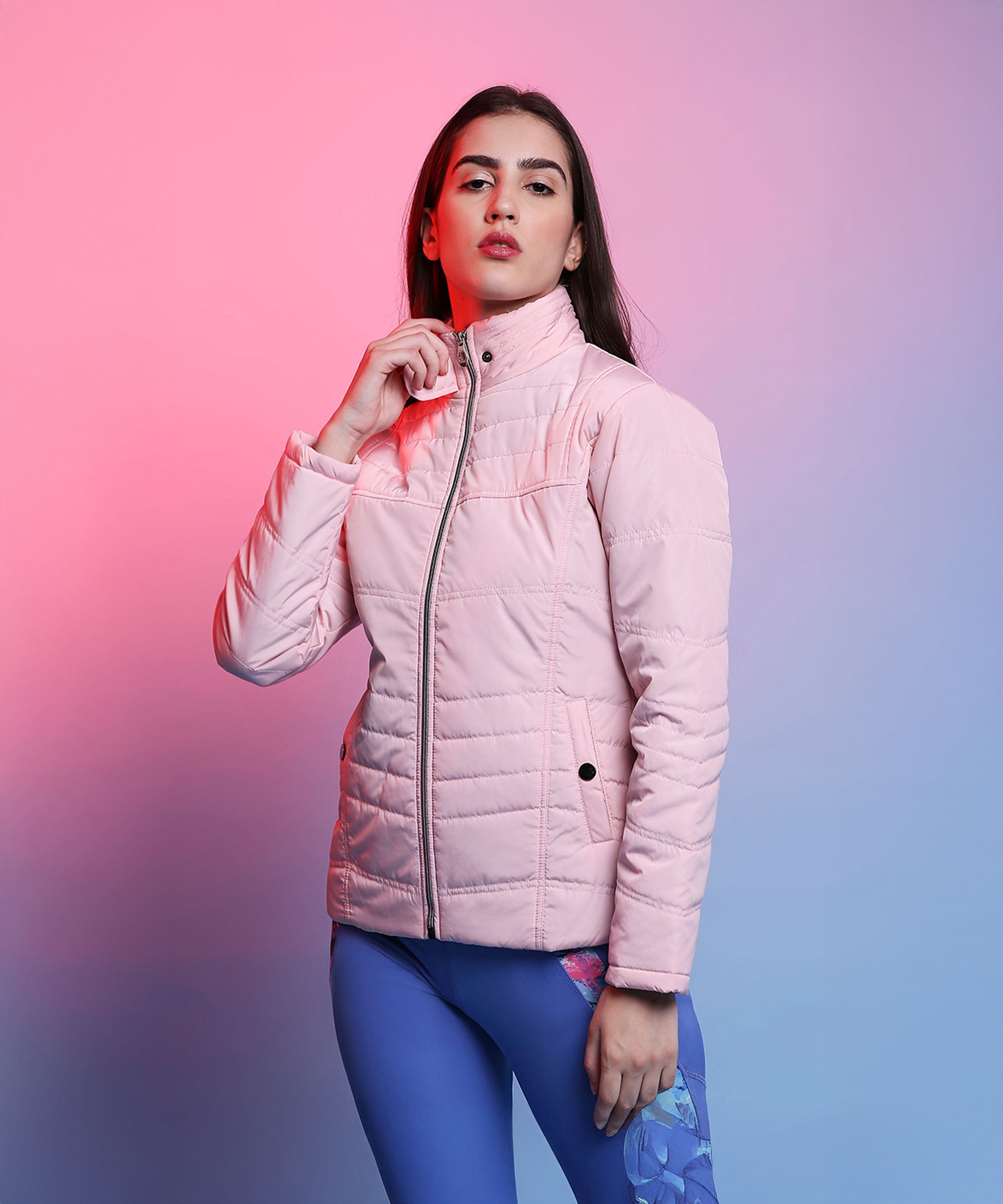 Baby Pink Mid Length Puffer Women’s Jacket With High Fur Collar