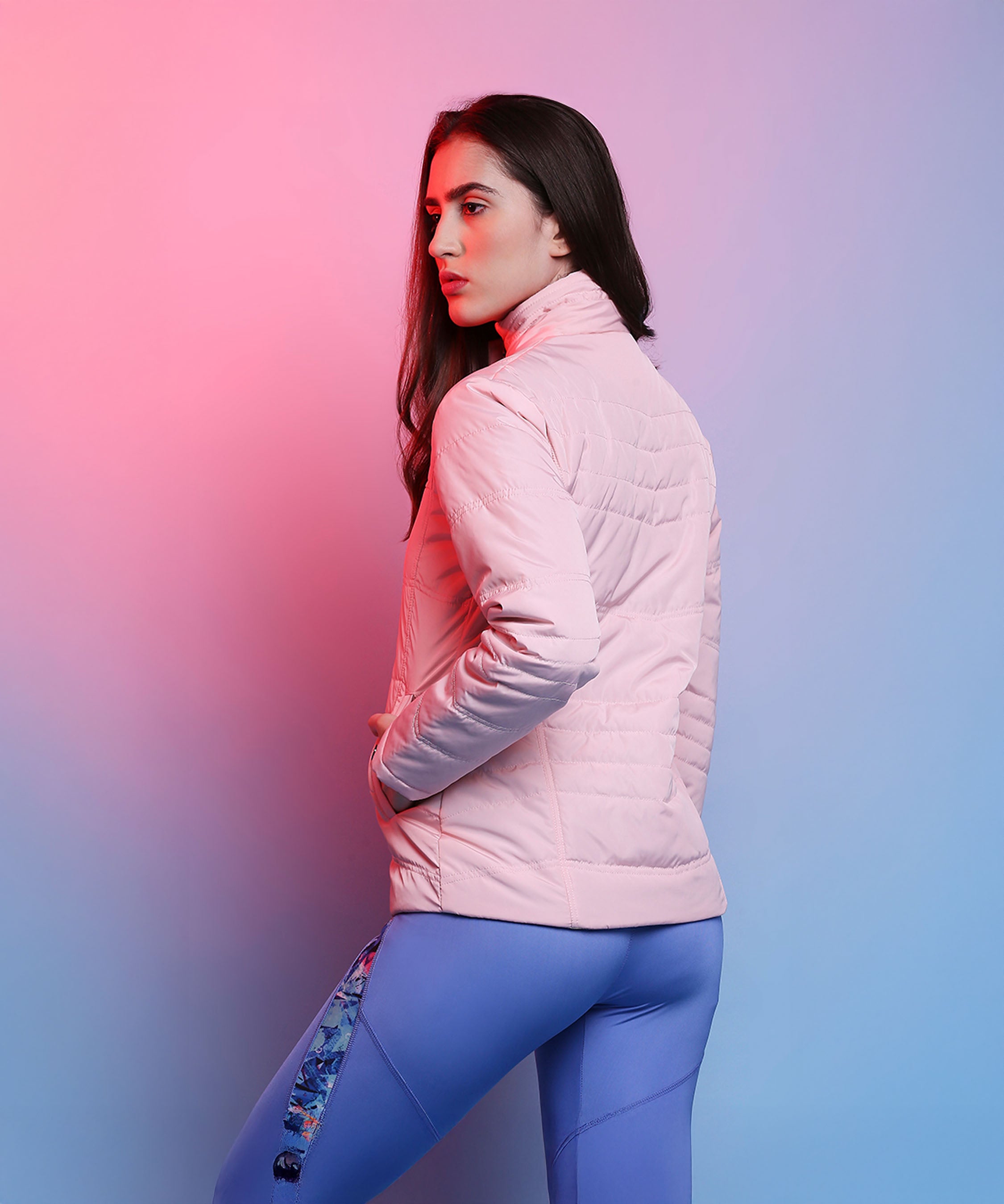 Baby Pink Mid Length Puffer Women’s Jacket With High Fur Collar