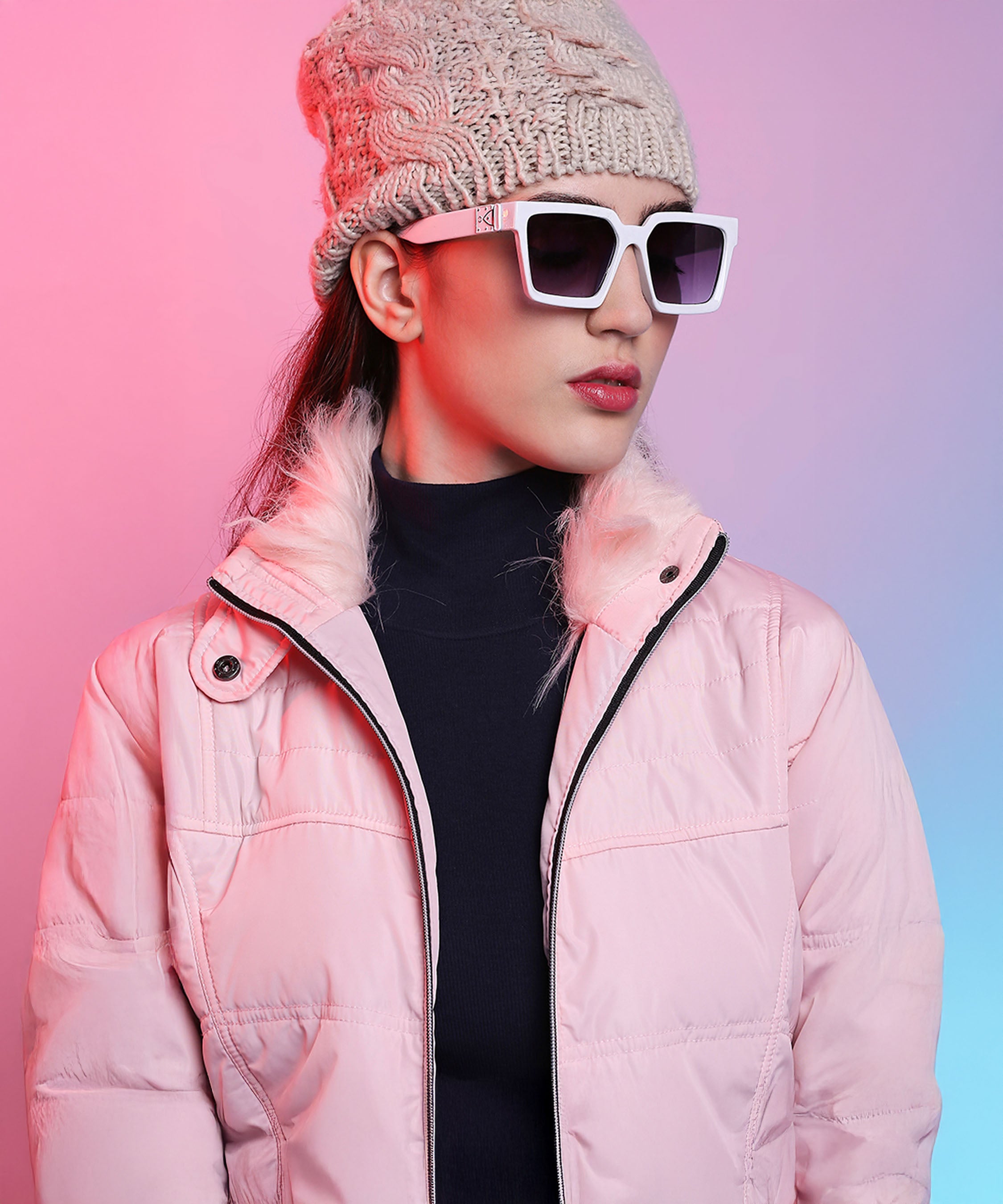 Baby Pink Mid Length Puffer Women’s Jacket With High Fur Collar