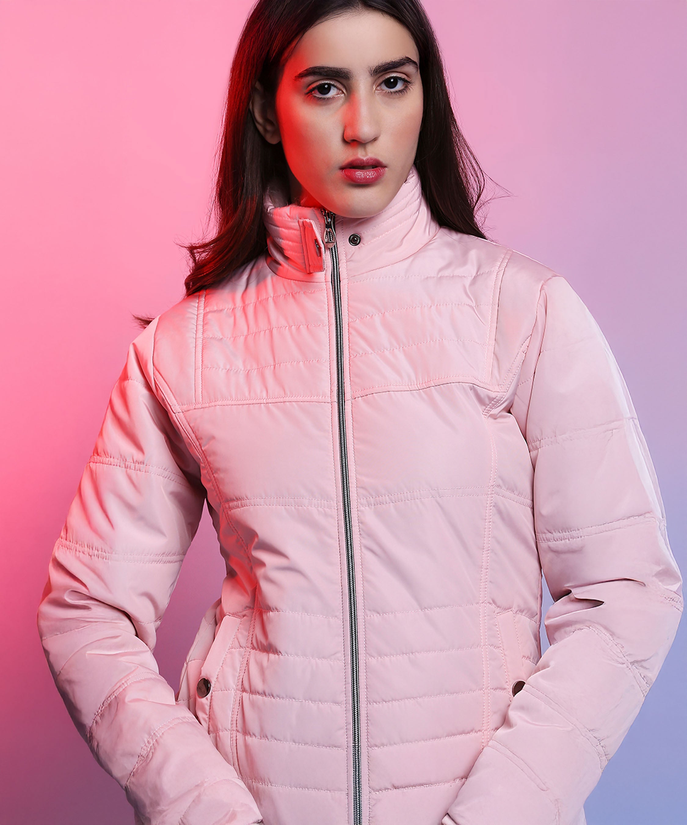 Baby Pink Mid Length Puffer Women’s Jacket With High Fur Collar