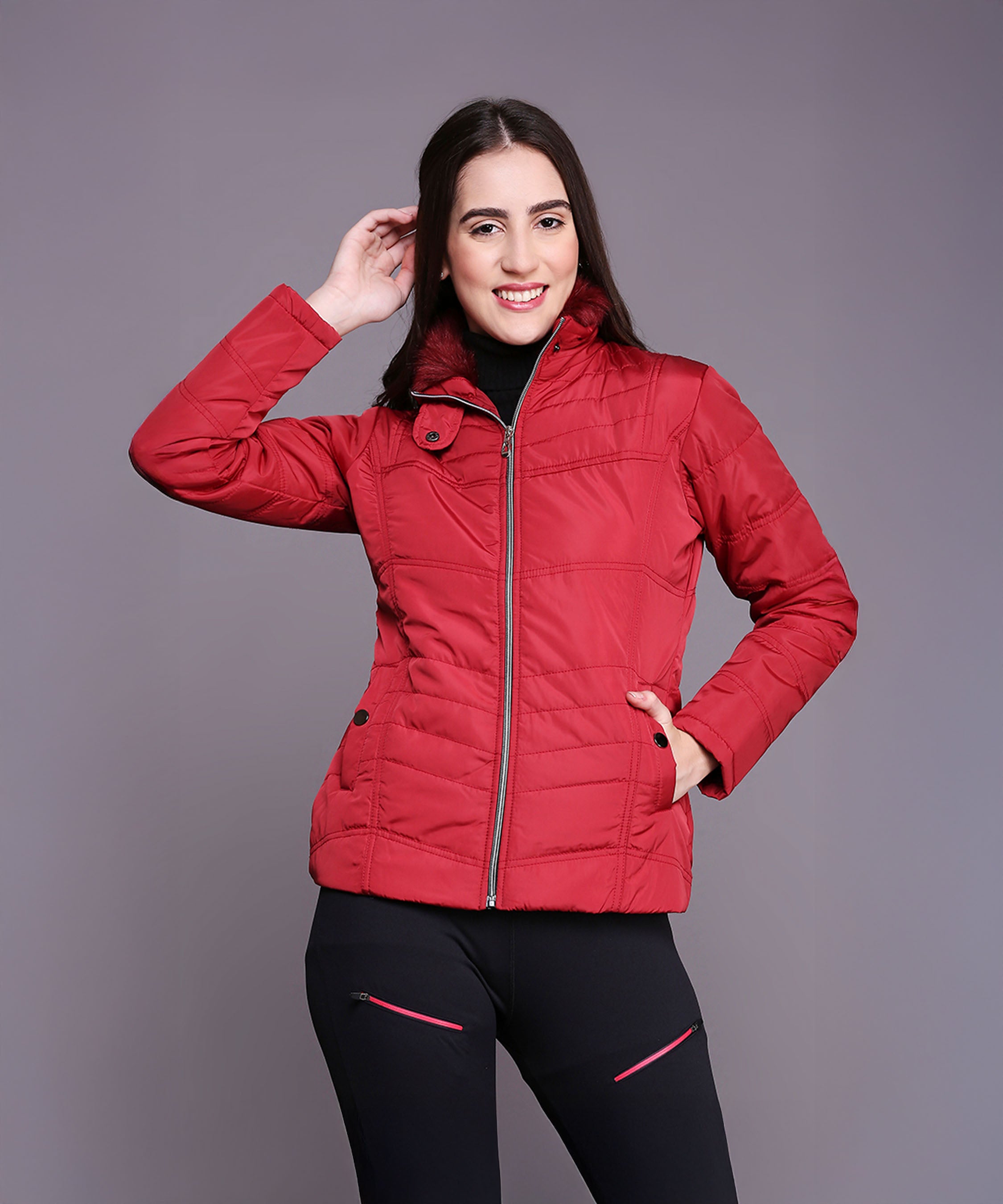 Maroon Mid-Length Puffer Women’s Jacket With High Fur Collar