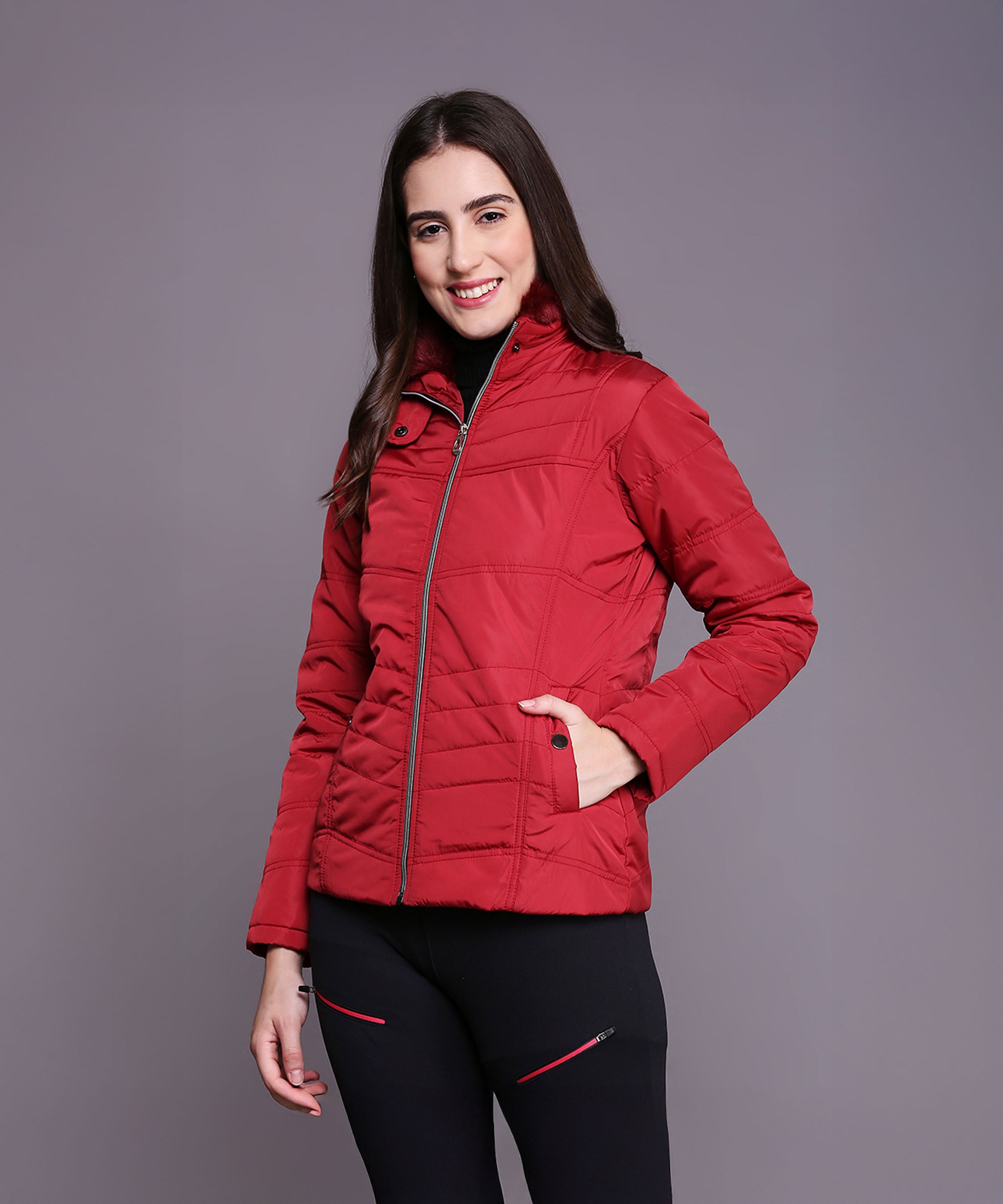 Maroon Mid-Length Puffer Women’s Jacket With High Fur Collar