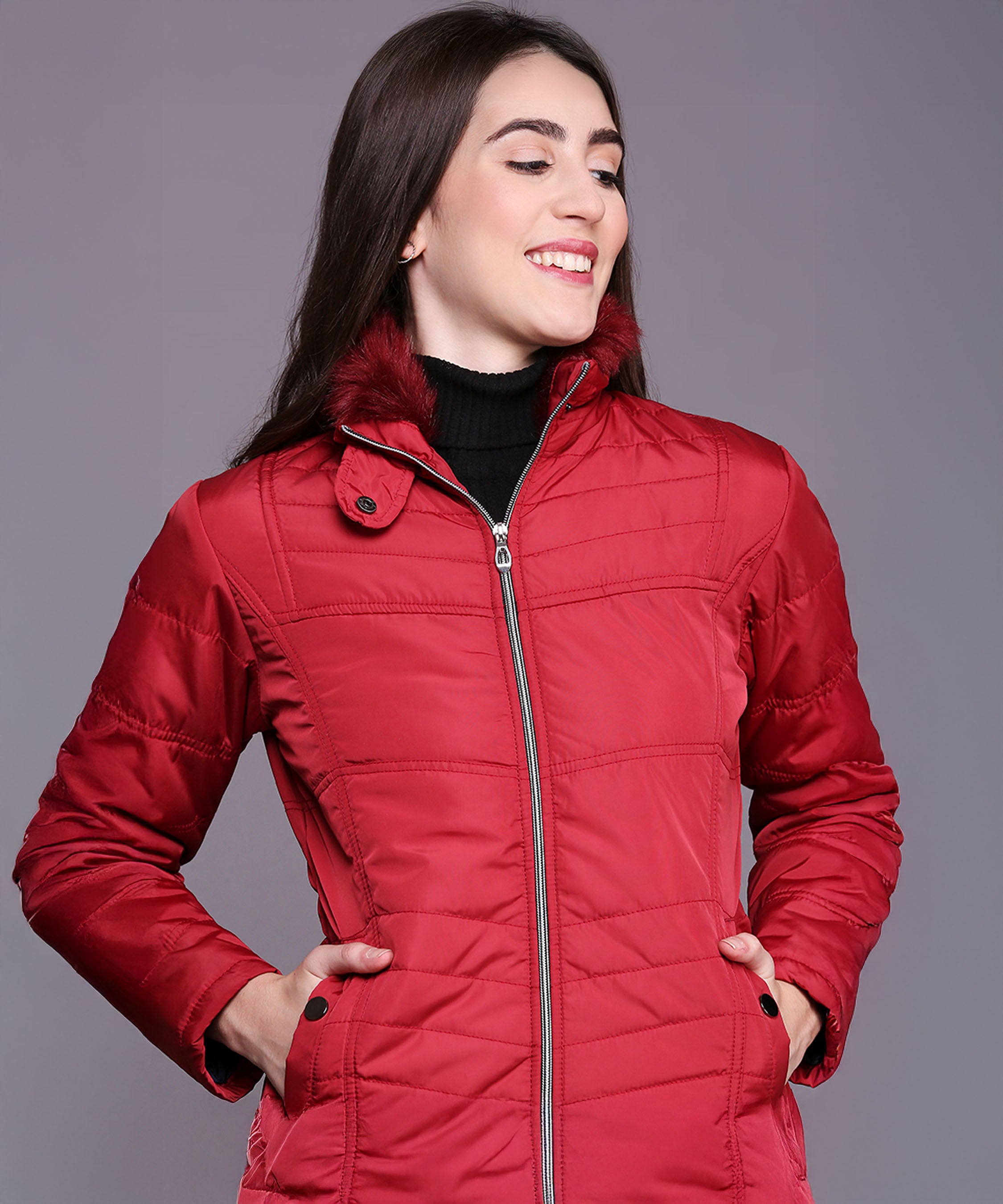 Maroon Mid-Length Puffer Women’s Jacket With High Fur Collar
