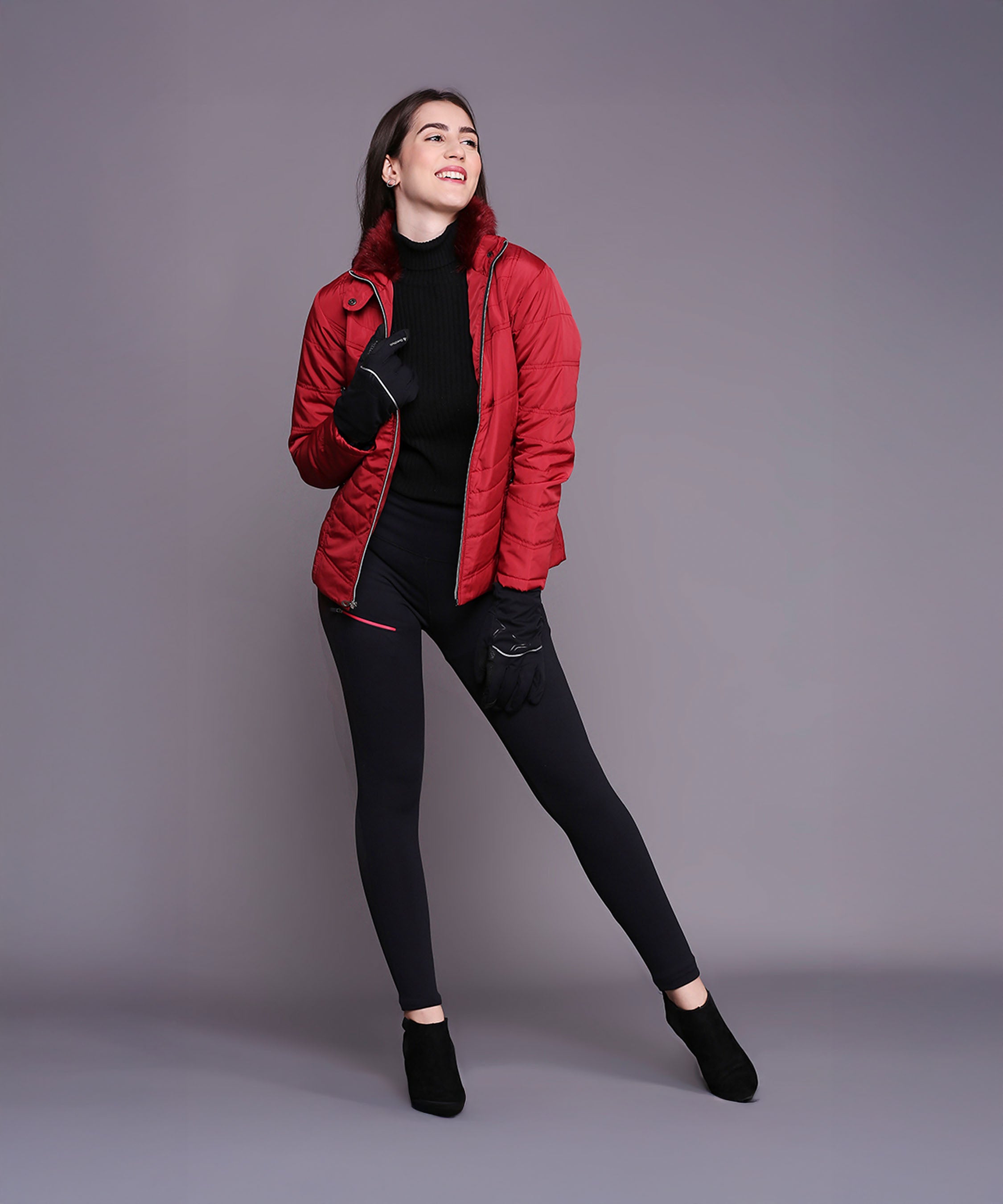 Maroon Mid-Length Puffer Women’s Jacket With High Fur Collar