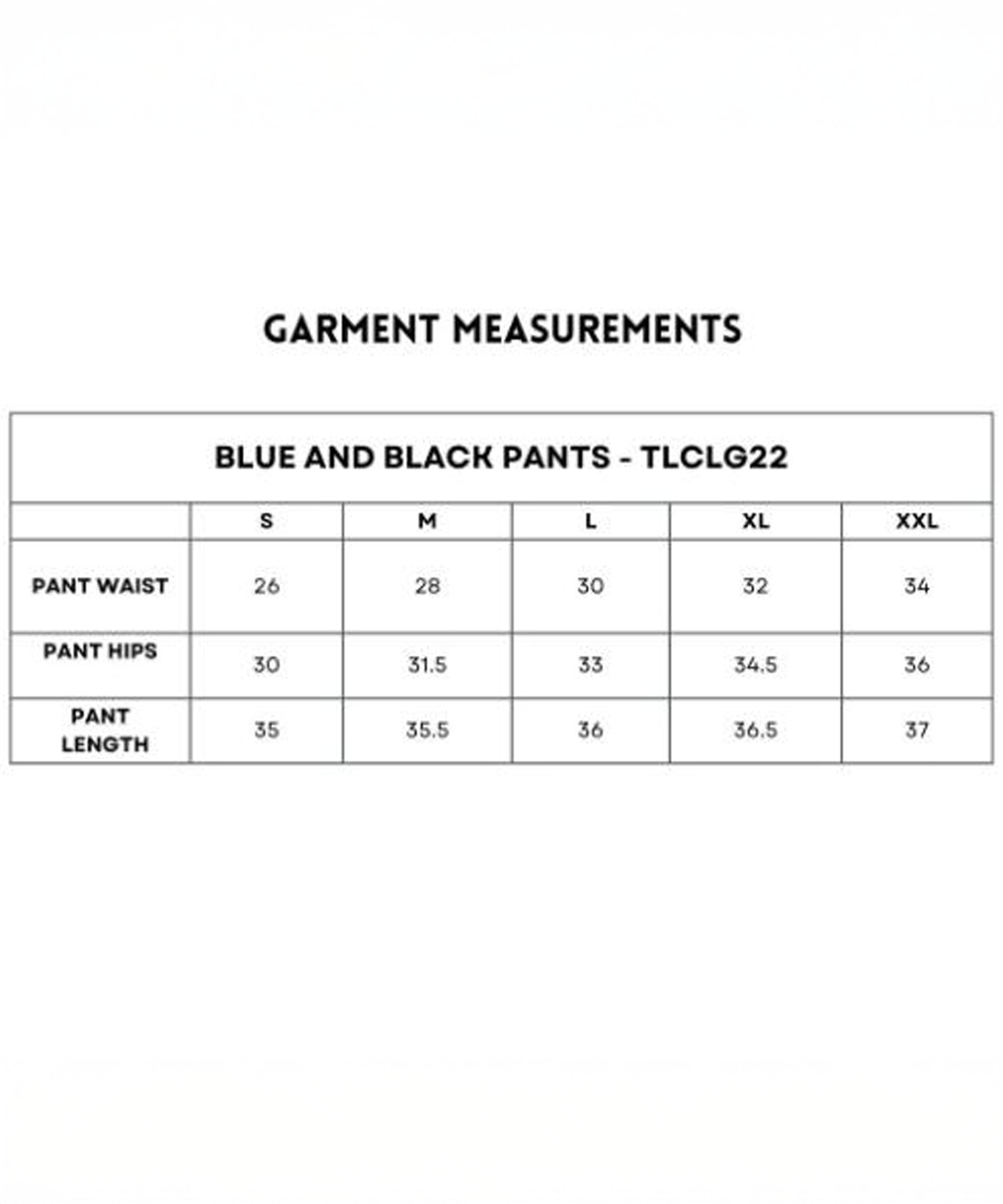 Black and Blue Pants size chart includes waist, hip, and length for S to XXL—ideal for finding your perfect fit in these stylish pants.