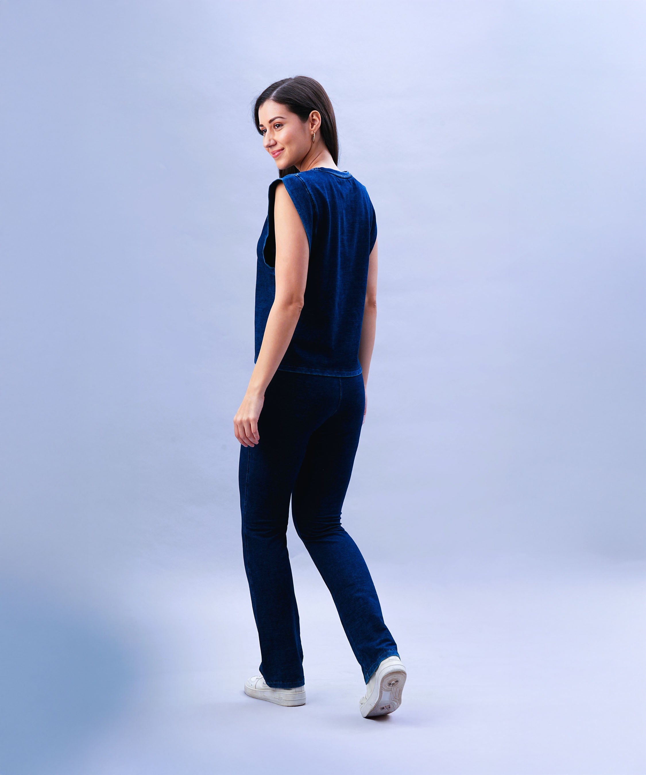 Blue Denim Wash Capsleeves Tops and Bootcut Leggings Set