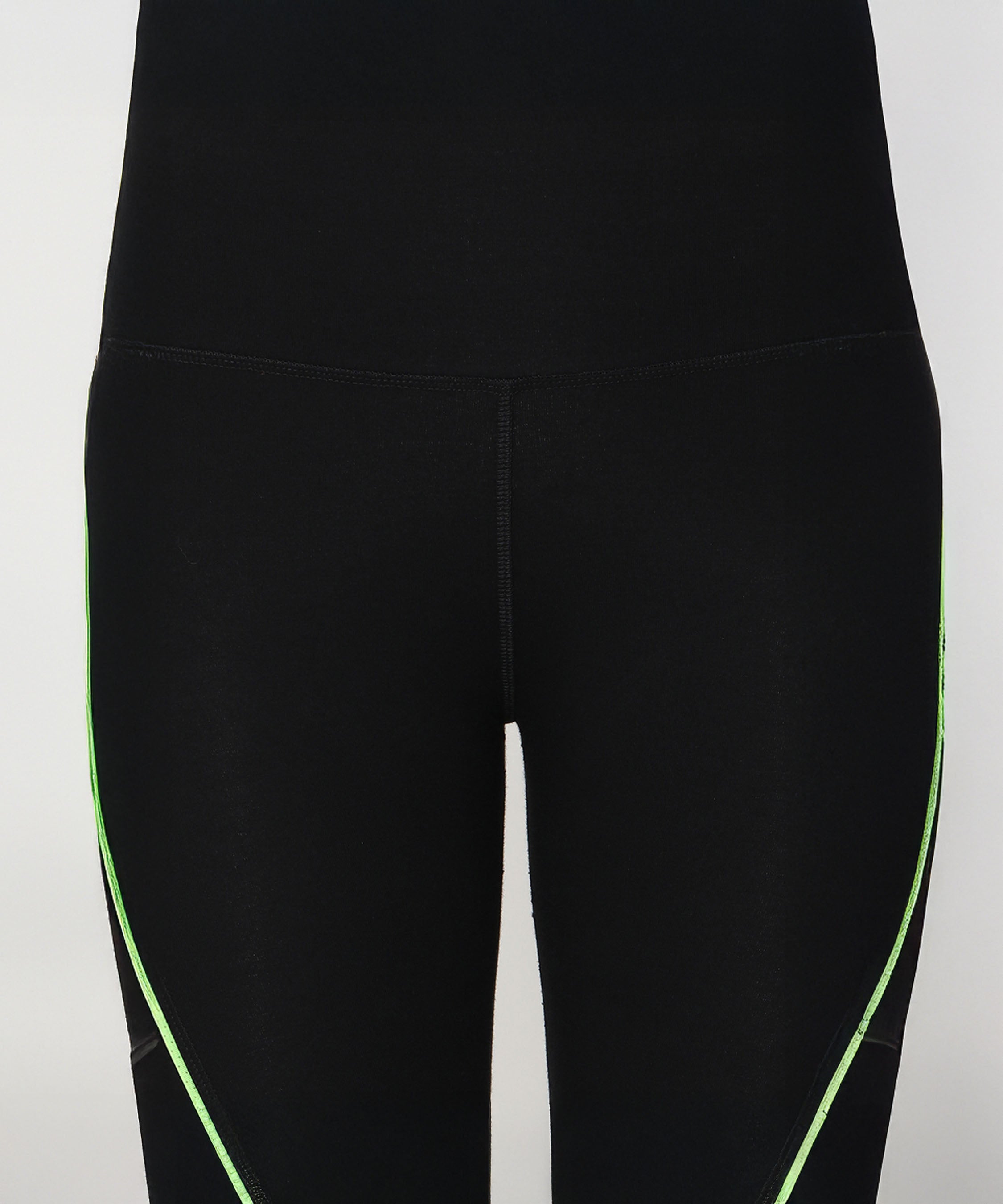 Fab Fit Neon Pop Leggings: Black high-waisted leggings with neon green side stripes and a flattering high-rise waistband, shown waist to mid-thigh.