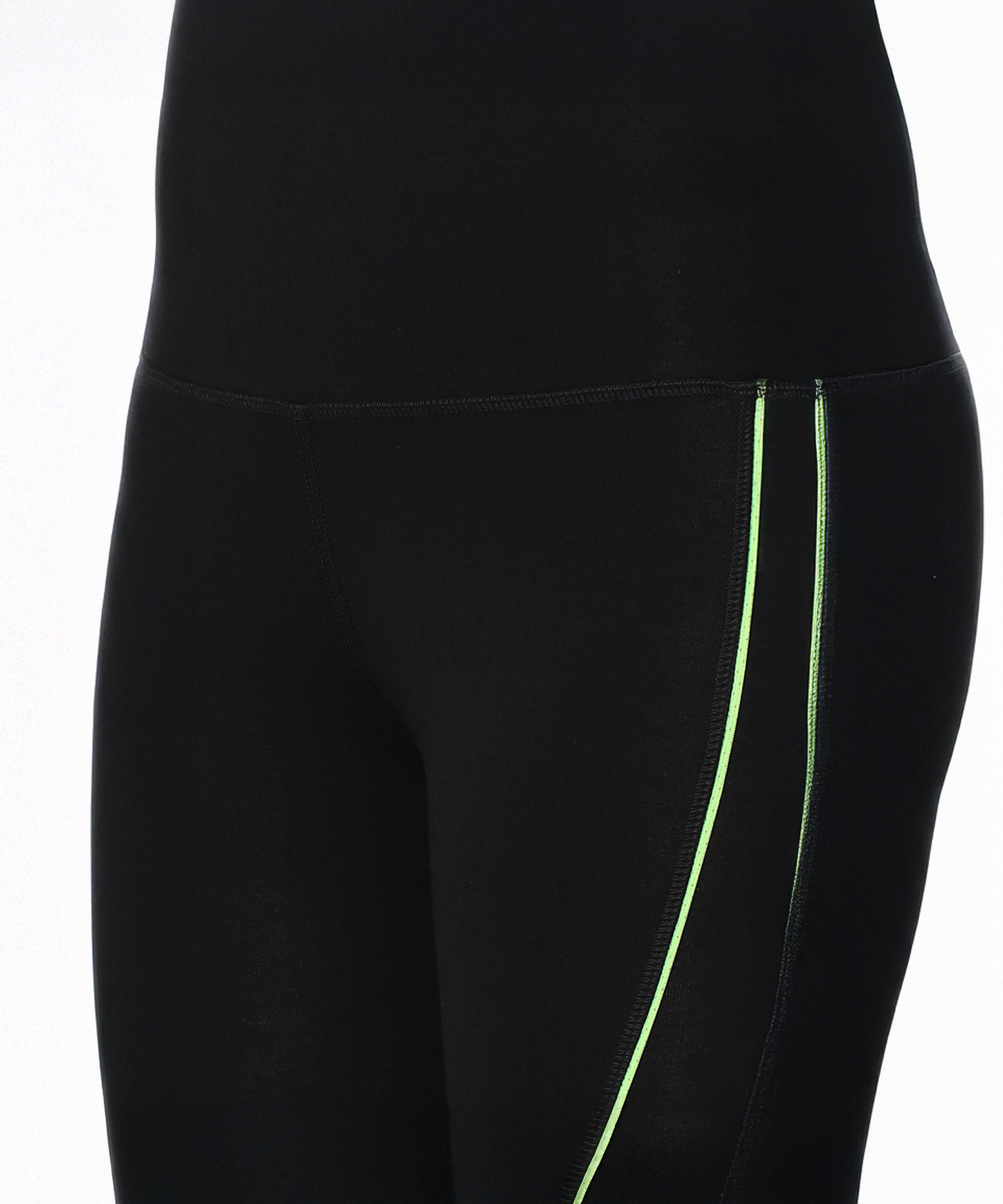 Model showcases Fab Fit Neon Pop Leggings in black with neon green side stripes and a high-rise waistband, visible from waist to mid-thigh against a white background.