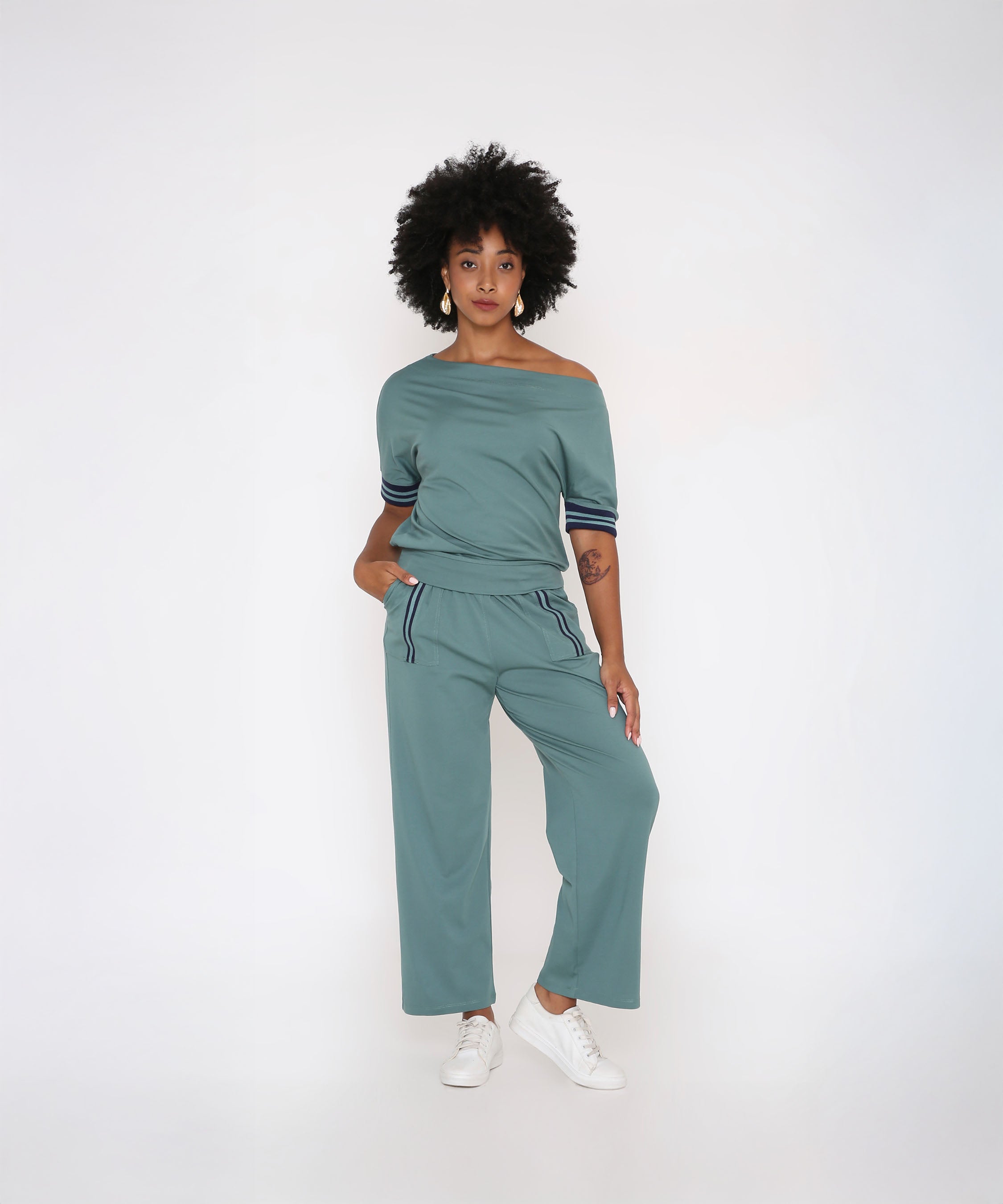 Sporty Sage Green Off-shoulder Tracksuit Set