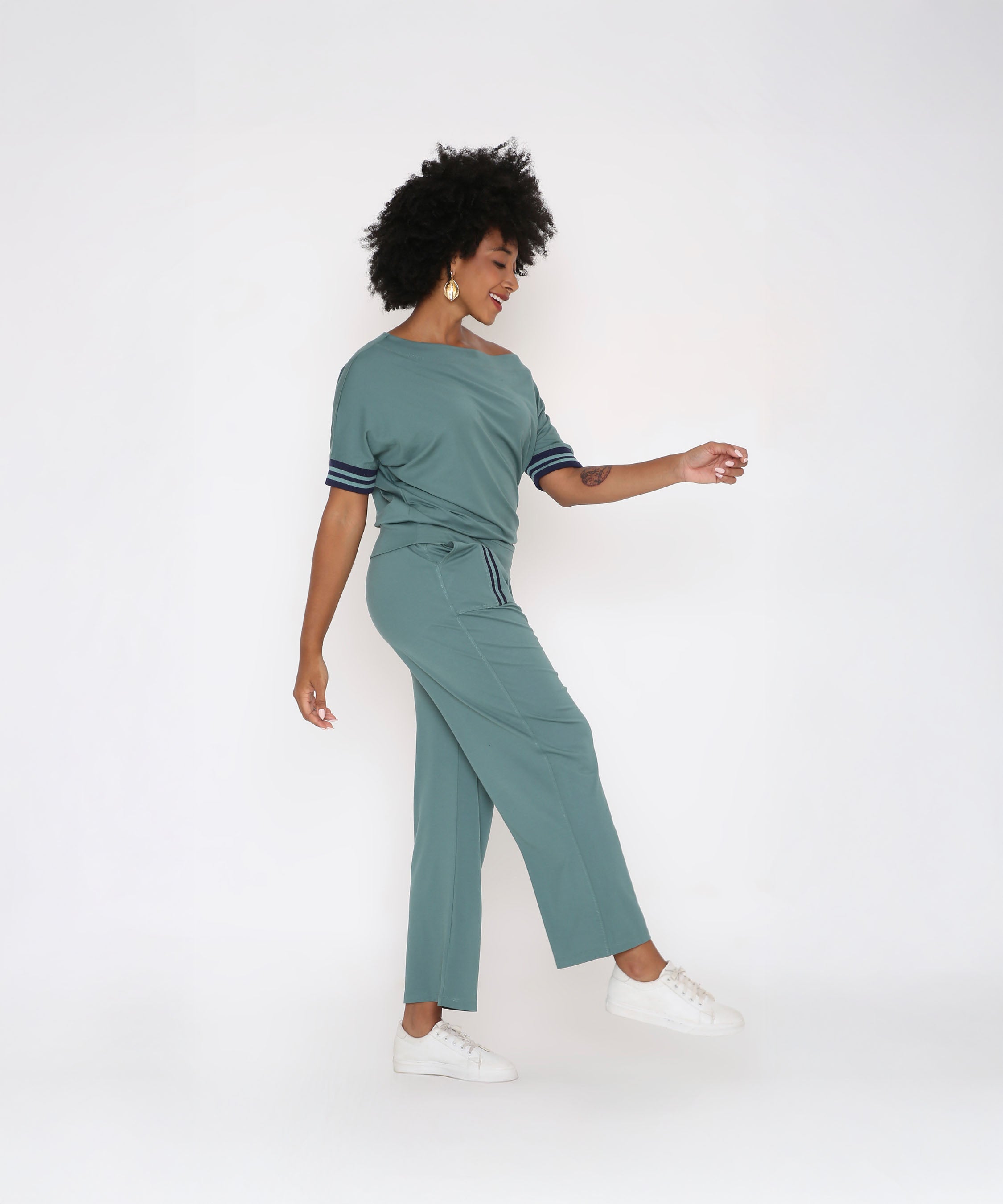 Sporty Sage Green Off-shoulder Tracksuit Set