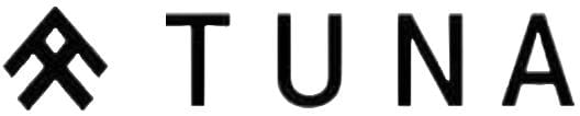 Black stylized "TUNA" logo with a unique geometric design representing the letter "T" on the left.