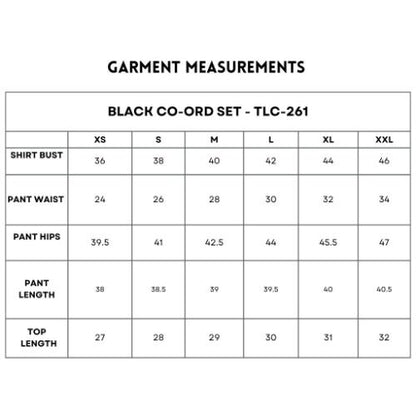 Size chart for the Black Co-Ord Set includes XS–XXL measurements for bust, waist, hips, length, and top length—ideal for a coordinated look with this stylish matching top and bottom ensemble.