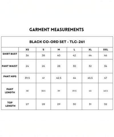 Size chart for the Black Co-Ord Set in soft cotton lycra, with measurements for shirt, pants, and top available in sizes XS to XXL.