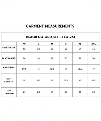 Size chart for the Black Co-Ord Set in soft cotton lycra, with measurements for shirt, pants, and top available in sizes XS to XXL.