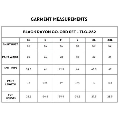 Garment measurements chart for the Black Rayon Co-Ord Set, available in sizes XS-XXL with detailed bust, waist, hip, length, and top sizing info. Features a stylish top and loose pants for a chic look.