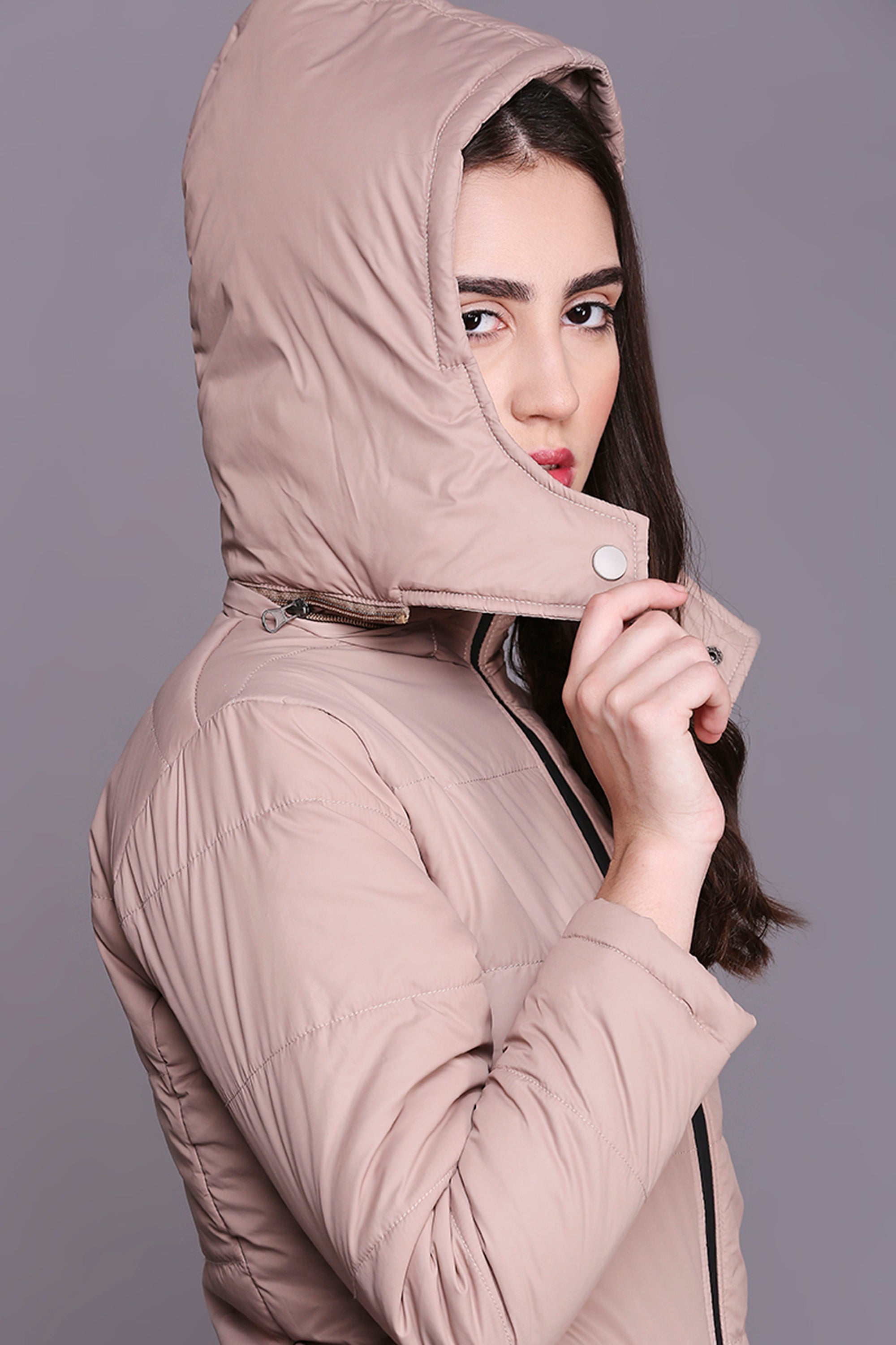 Neutral Beige Mid Length Puffer Women's Jacket