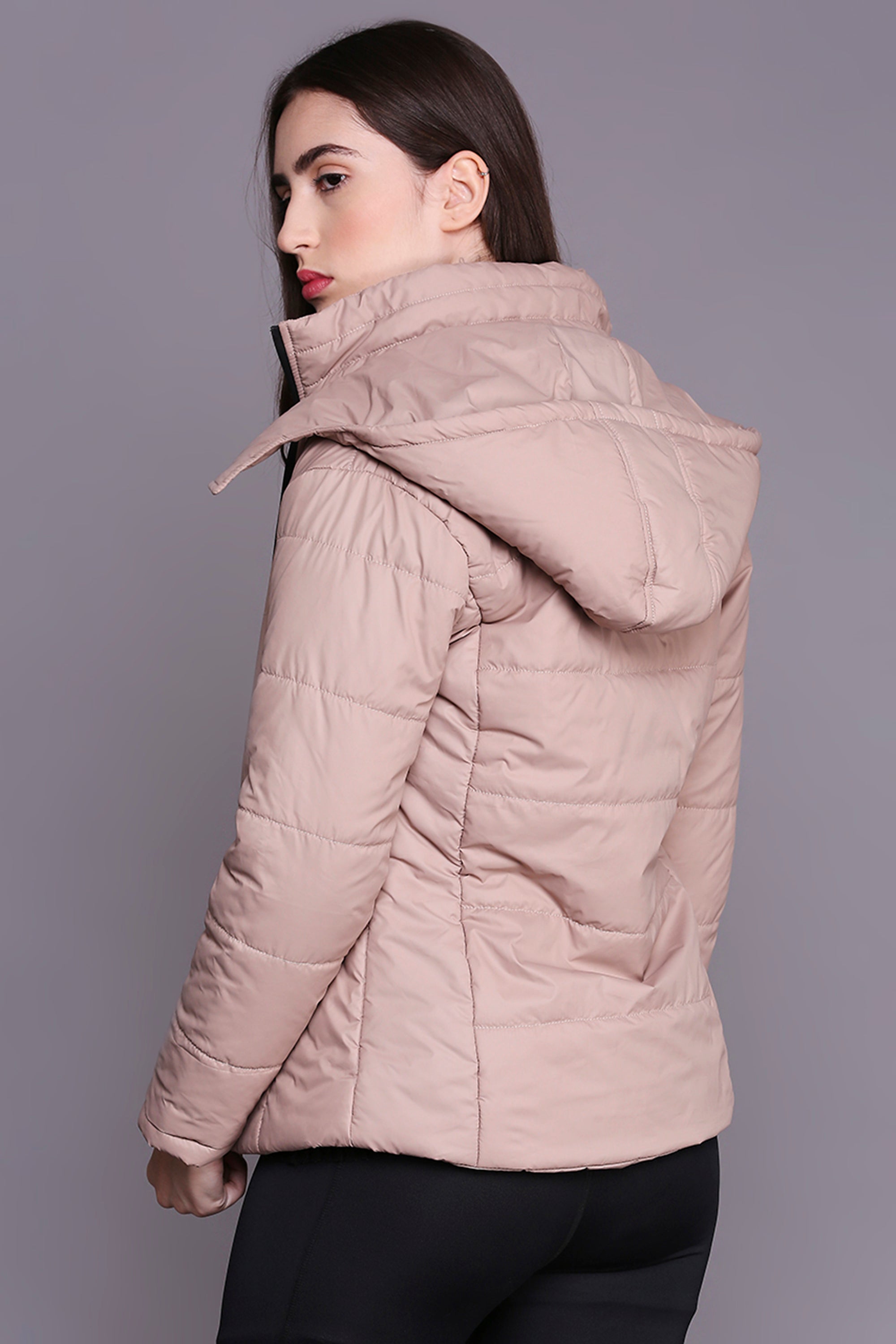 Neutral Beige Mid Length Puffer Women's Jacket