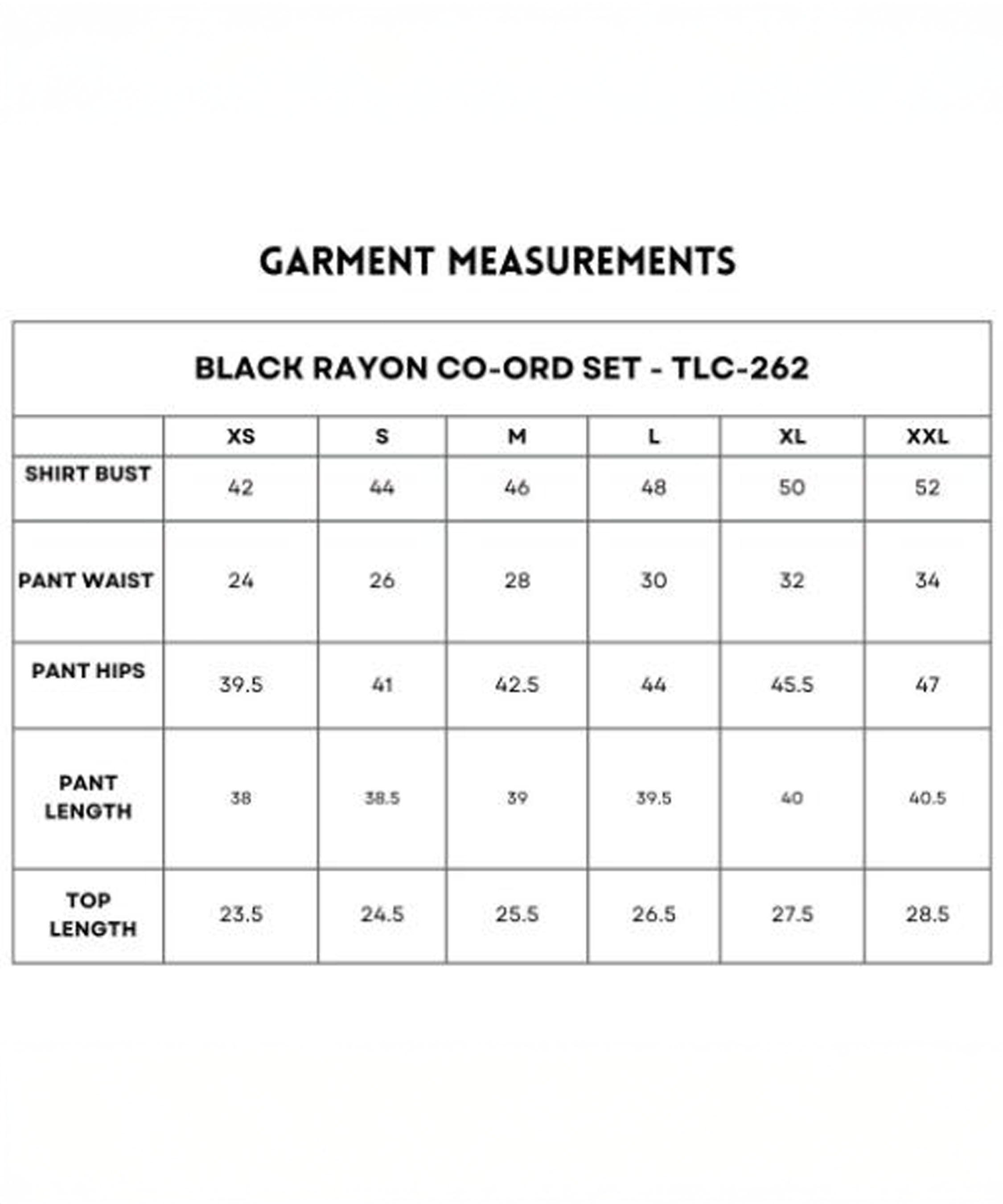 Black Rayon Co-Ord Set measurement chart with sizes XS–XXL, includes bust, waist, hip, and length details for both the stylish top and loose-fit pants.