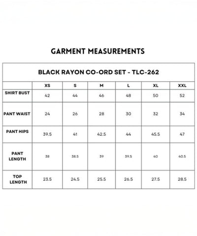 Black Rayon Co-Ord Set measurement chart with sizes XS–XXL, includes bust, waist, hip, and length details for both the stylish top and loose-fit pants.
