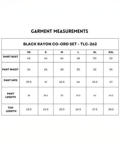 Black Rayon Co-Ord Set measurement chart with sizes XS–XXL, includes bust, waist, hip, and length details for both the stylish top and loose-fit pants.