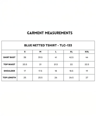 Blue Comfort T-Shirt size chart: quick-drying, active lifestyle design. S–XXL measurements include bust, waist, shoulder, and length.