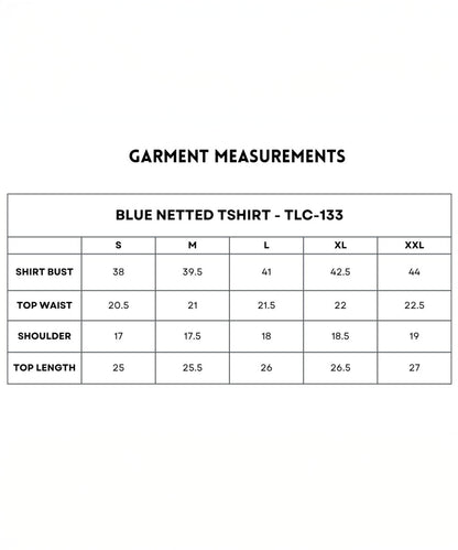 Blue Comfort T-Shirt size chart: quick-drying, active lifestyle design. S–XXL measurements include bust, waist, shoulder, and length.