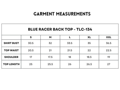 Garment measurements chart for the Blue Racer Back Top (S-XXL), detailing bust, waist, shoulder, and length—essential info for this sporty activewear piece.