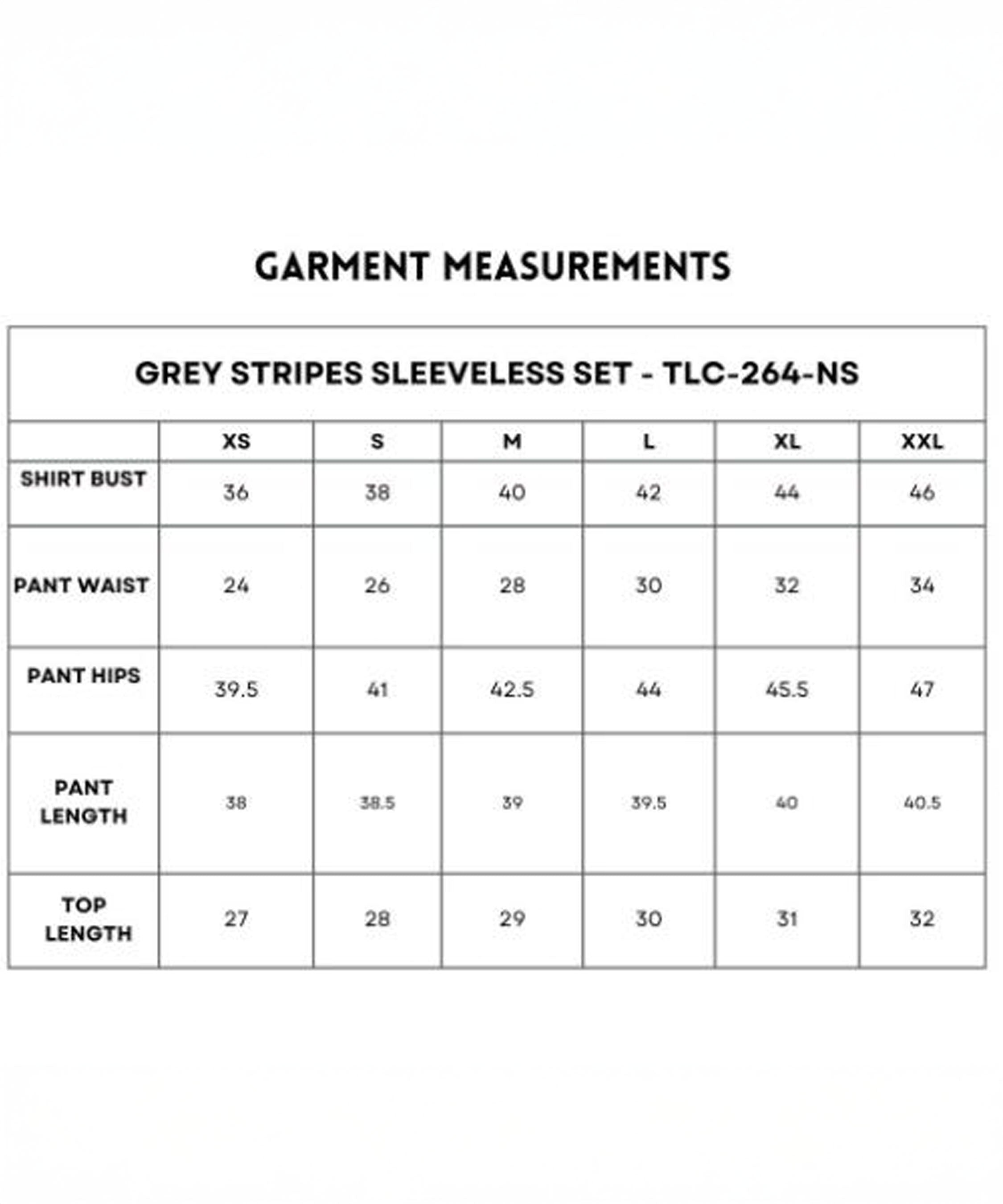Grey Stripes Sleeveless Set measurements chart: 100% cotton, sizes XS–XXL, includes bust, waist, hips, and length for a comfortable fit.