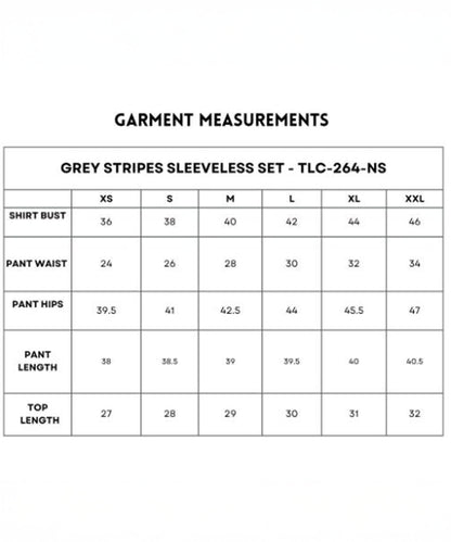 Grey Stripes Sleeveless Set measurements chart: 100% cotton, sizes XS–XXL, includes bust, waist, hips, and length for a comfortable fit.