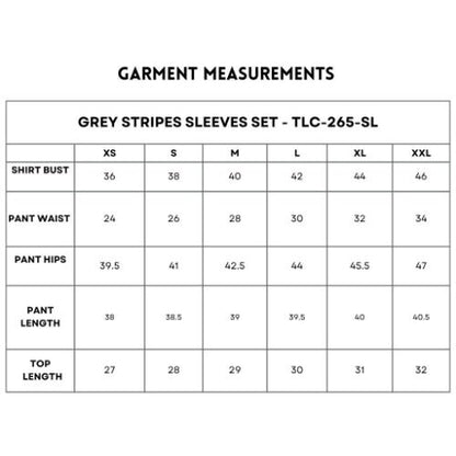 Garment measurements chart for sizes XS–XXL detailing bust, waist, hips, pant length, and top length for the Grey Stripes Sleeves Set made from comfortable fabric.
