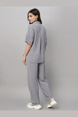 Grey Tie Up Top with Loose Pants Cord Set