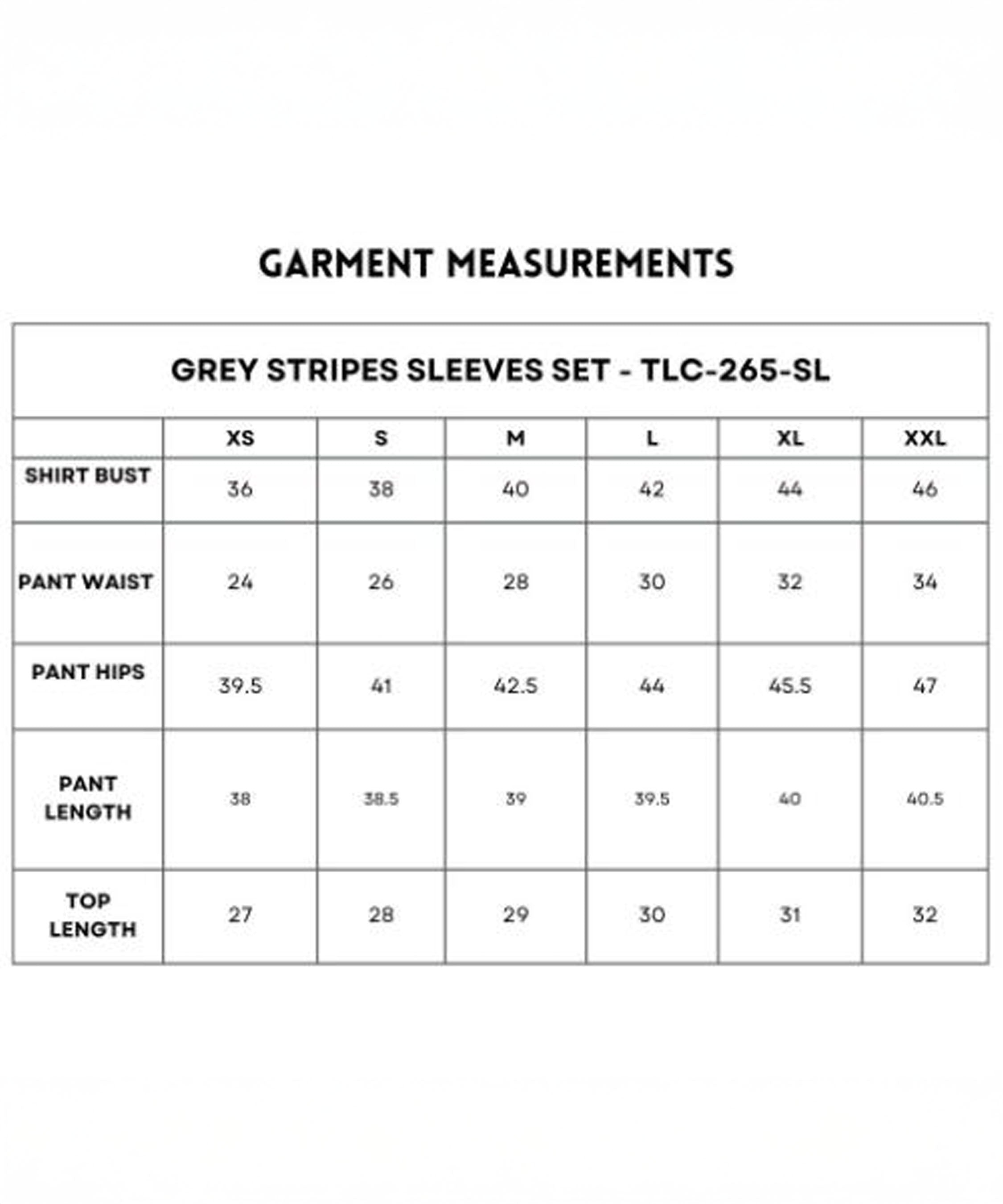 Size chart for the Grey Stripes Sleeves Set in comfy fabric. Check XS–XXL bust, waist, hips, pant and top length measurements—ideal for a coordinated outfit.