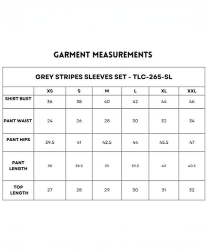 Size chart for the Grey Stripes Sleeves Set in comfy fabric. Check XS–XXL bust, waist, hips, pant and top length measurements—ideal for a coordinated outfit.