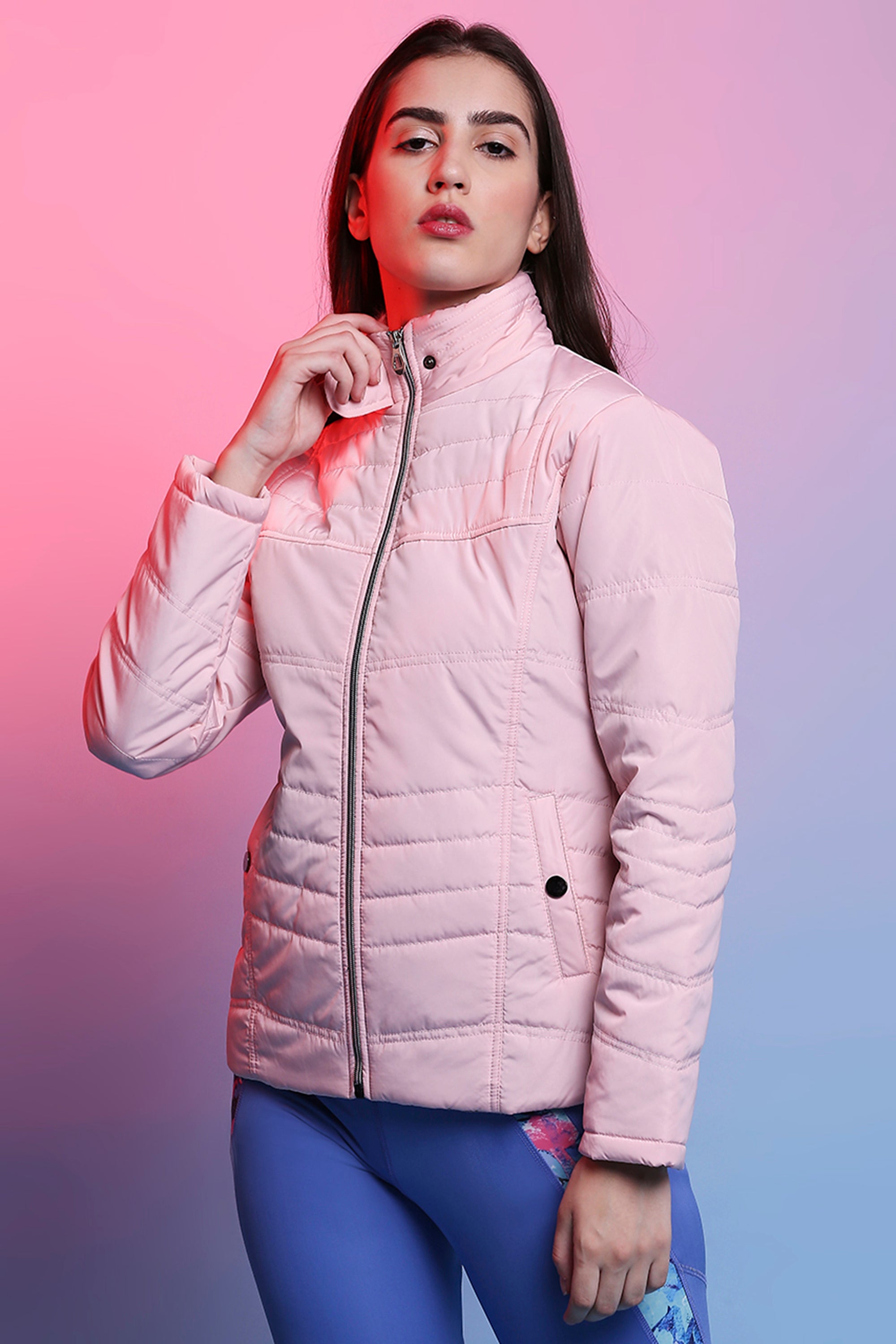 Baby Pink Mid Length Puffer Women’s Jacket With High Fur Collar