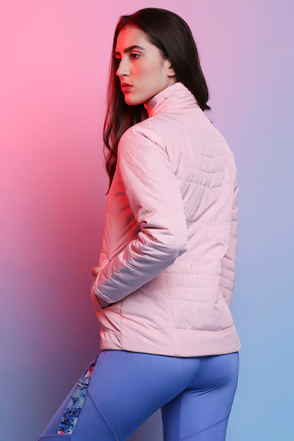 Baby Pink Mid Length Puffer Women’s Jacket With High Fur Collar