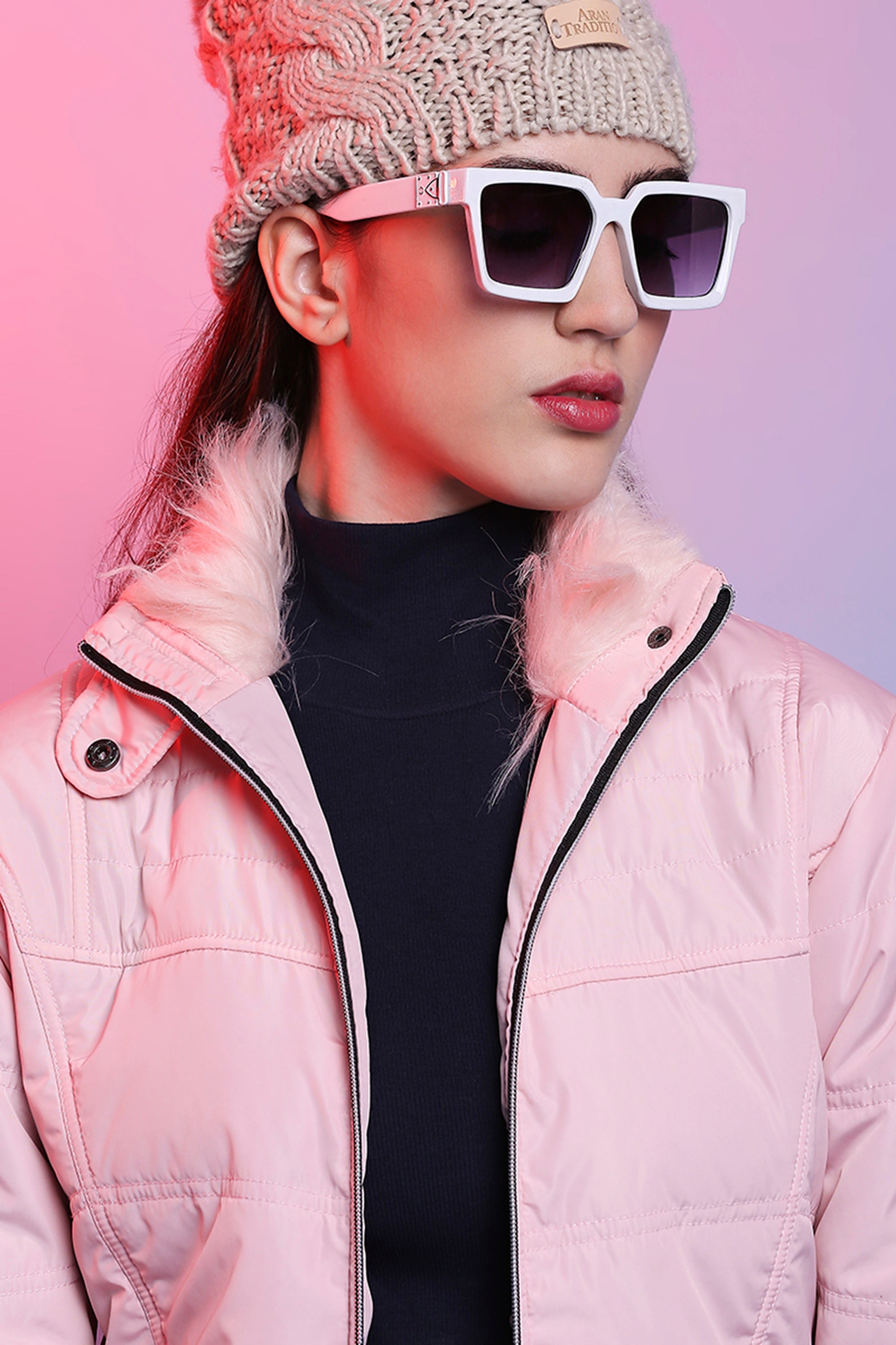 Baby Pink Mid Length Puffer Women’s Jacket With High Fur Collar
