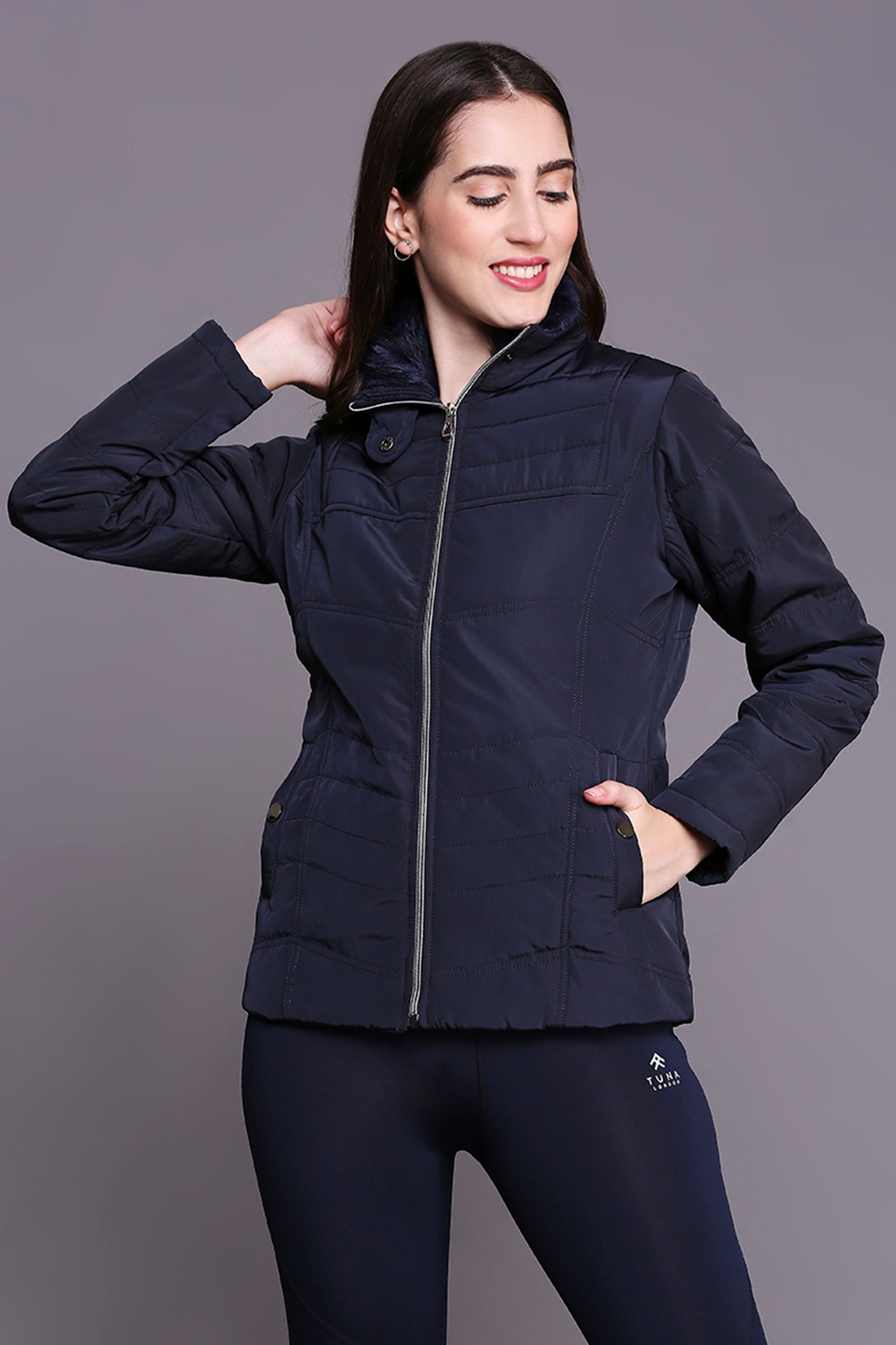 Navy Blue Mid Length Puffer Women's Jacket With High Fur Collar