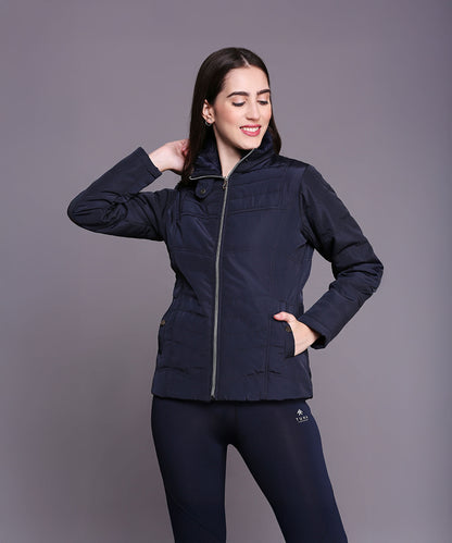 Navy Blue Mid Length Puffer Women's Jacket With High Fur Collar