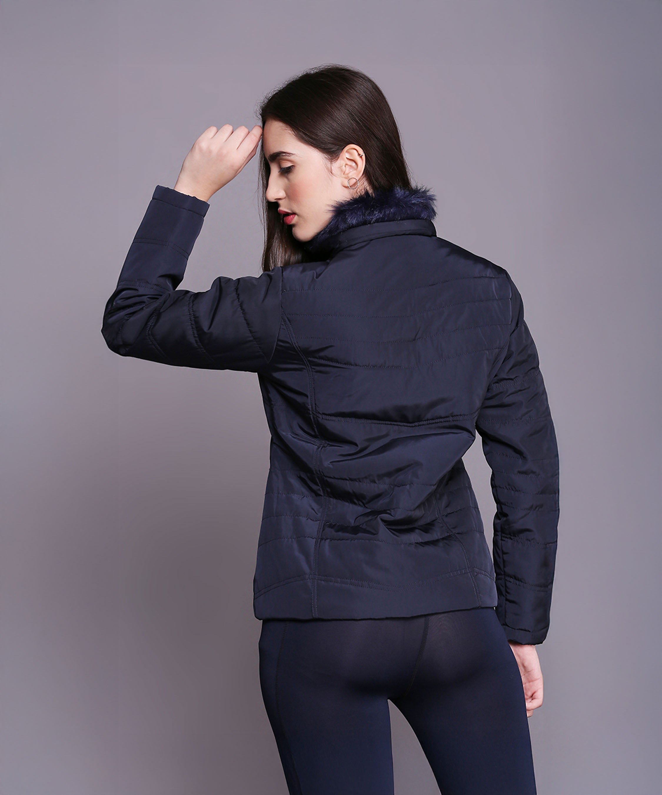 Navy Blue Mid Length Puffer Women's Jacket With High Fur Collar