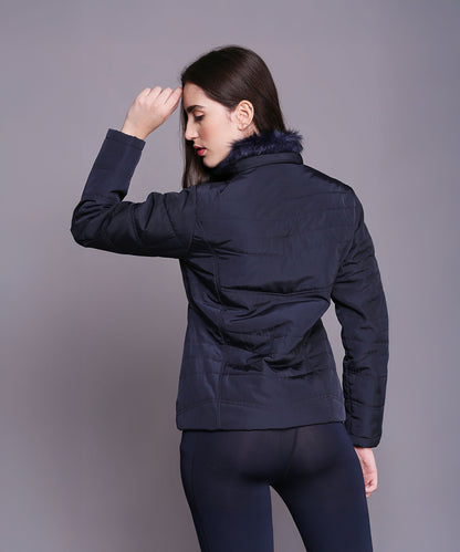 Navy Blue Mid Length Puffer Women's Jacket With High Fur Collar
