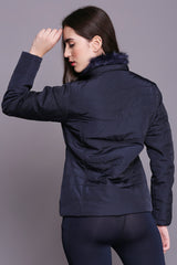 Navy Blue Mid Length Puffer Women's Jacket With High Fur Collar