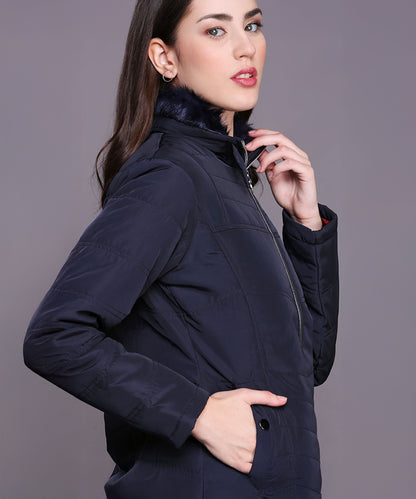 Navy Blue Mid Length Puffer Women's Jacket With High Fur Collar