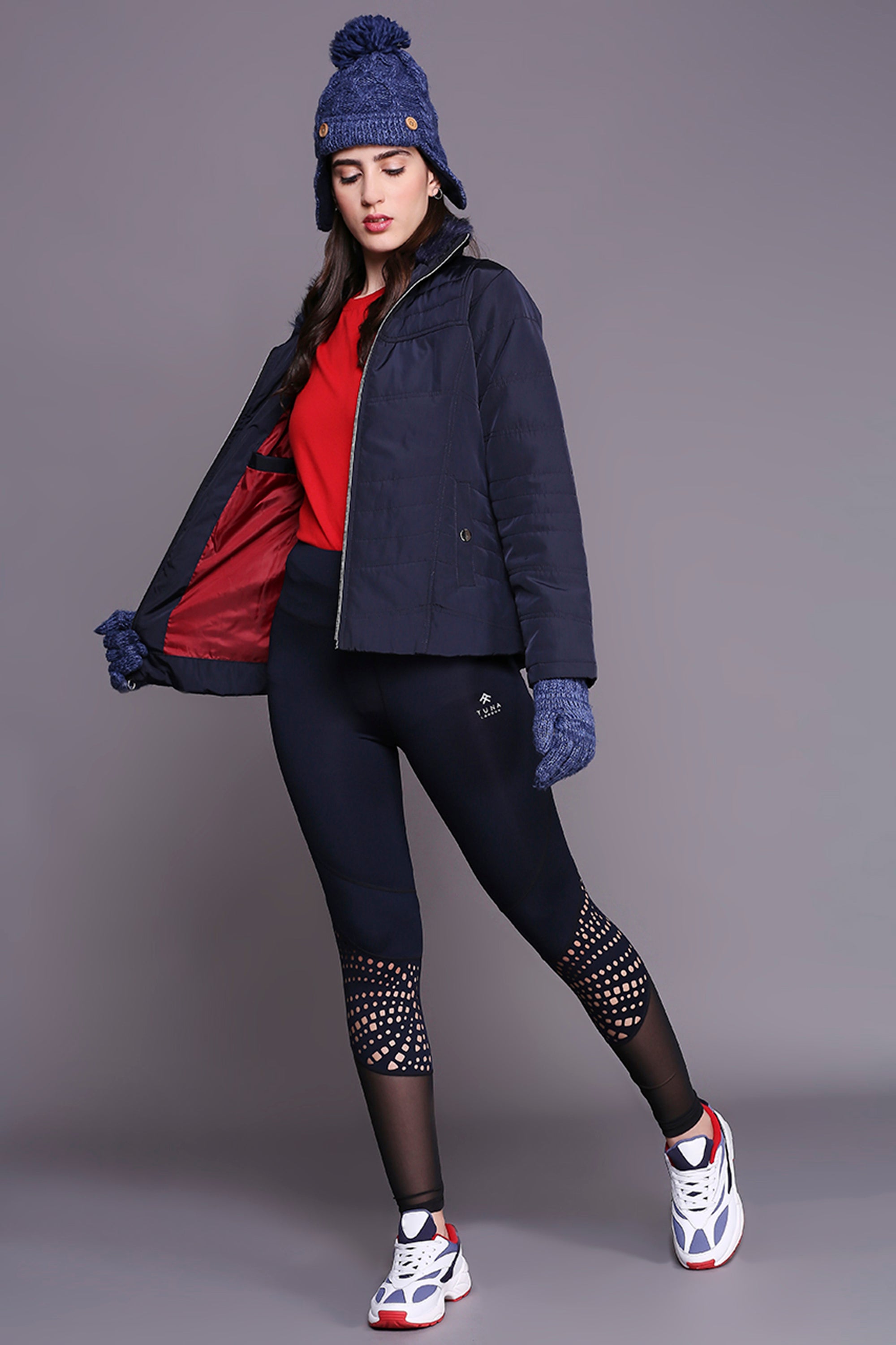 Navy Blue Mid Length Puffer Women's Jacket With High Fur Collar