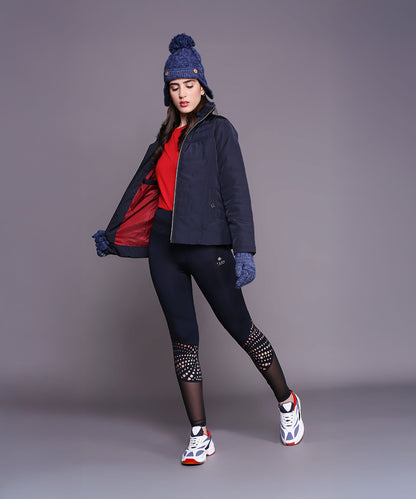 Navy Blue Mid Length Puffer Women's Jacket With High Fur Collar