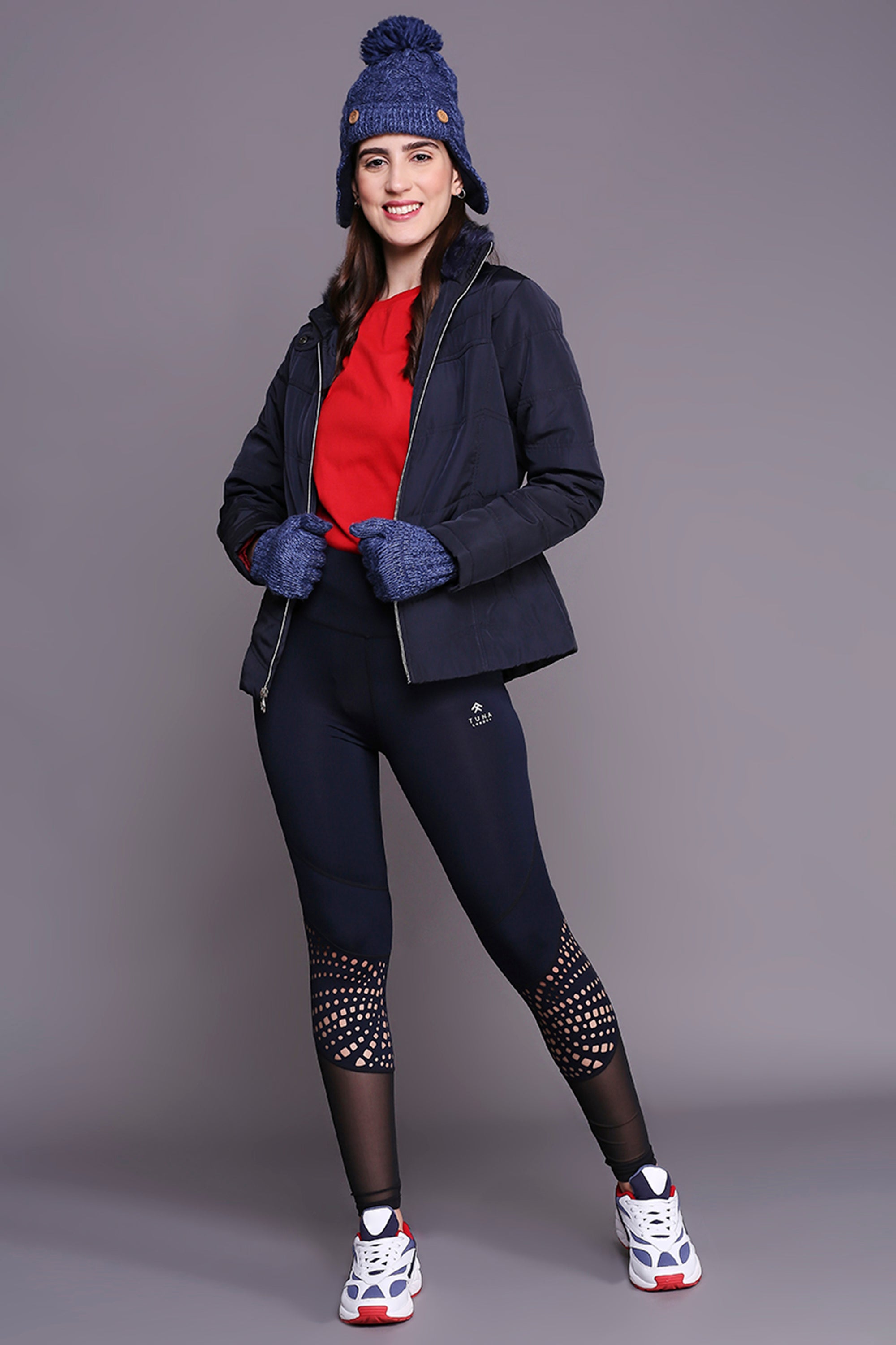 Navy Blue Mid Length Puffer Women's Jacket With High Fur Collar