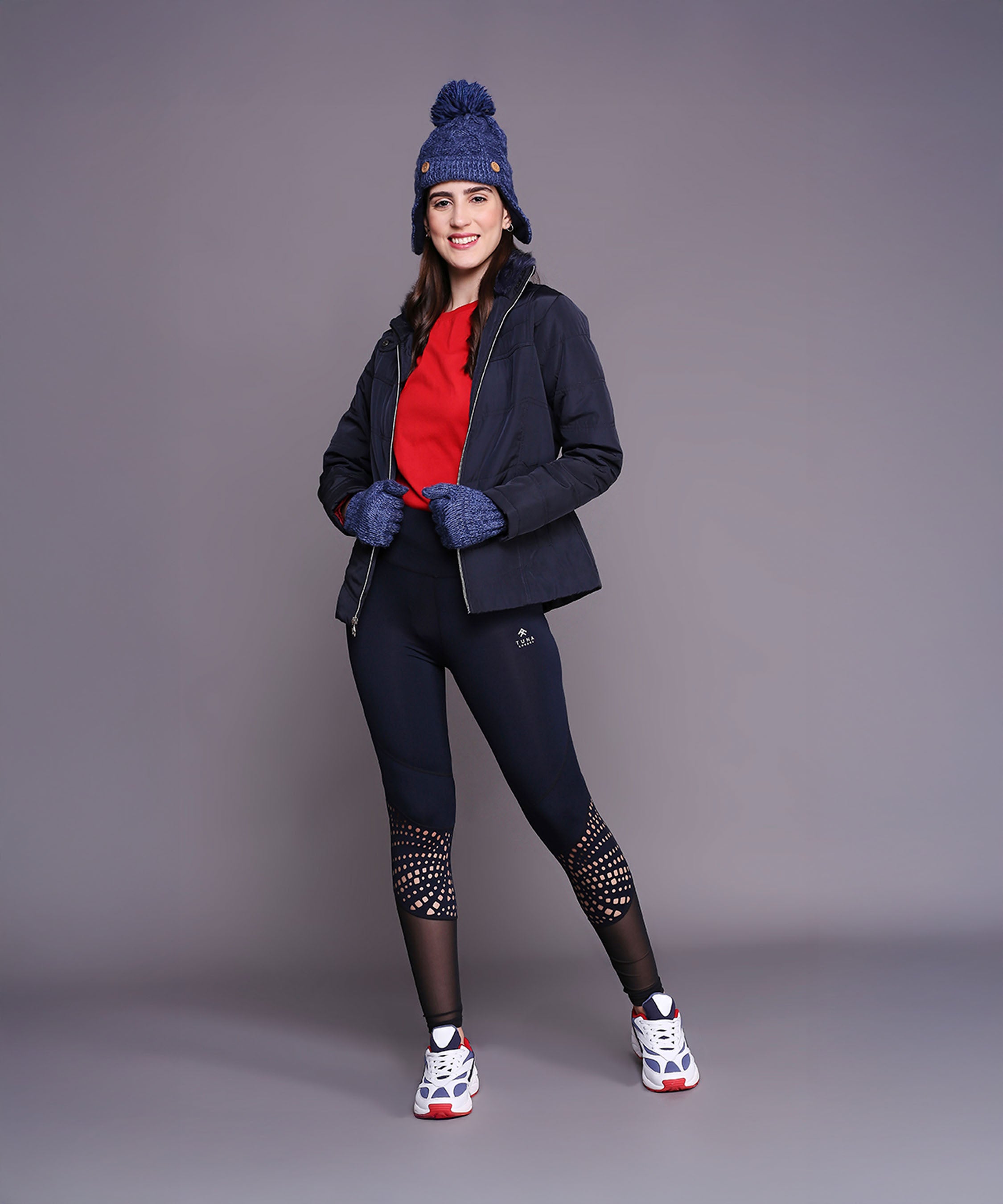 Navy Blue Mid Length Puffer Women's Jacket With High Fur Collar