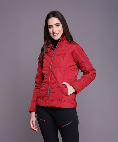 Maroon Mid-Length Puffer Women’s Jacket With High Fur Collar